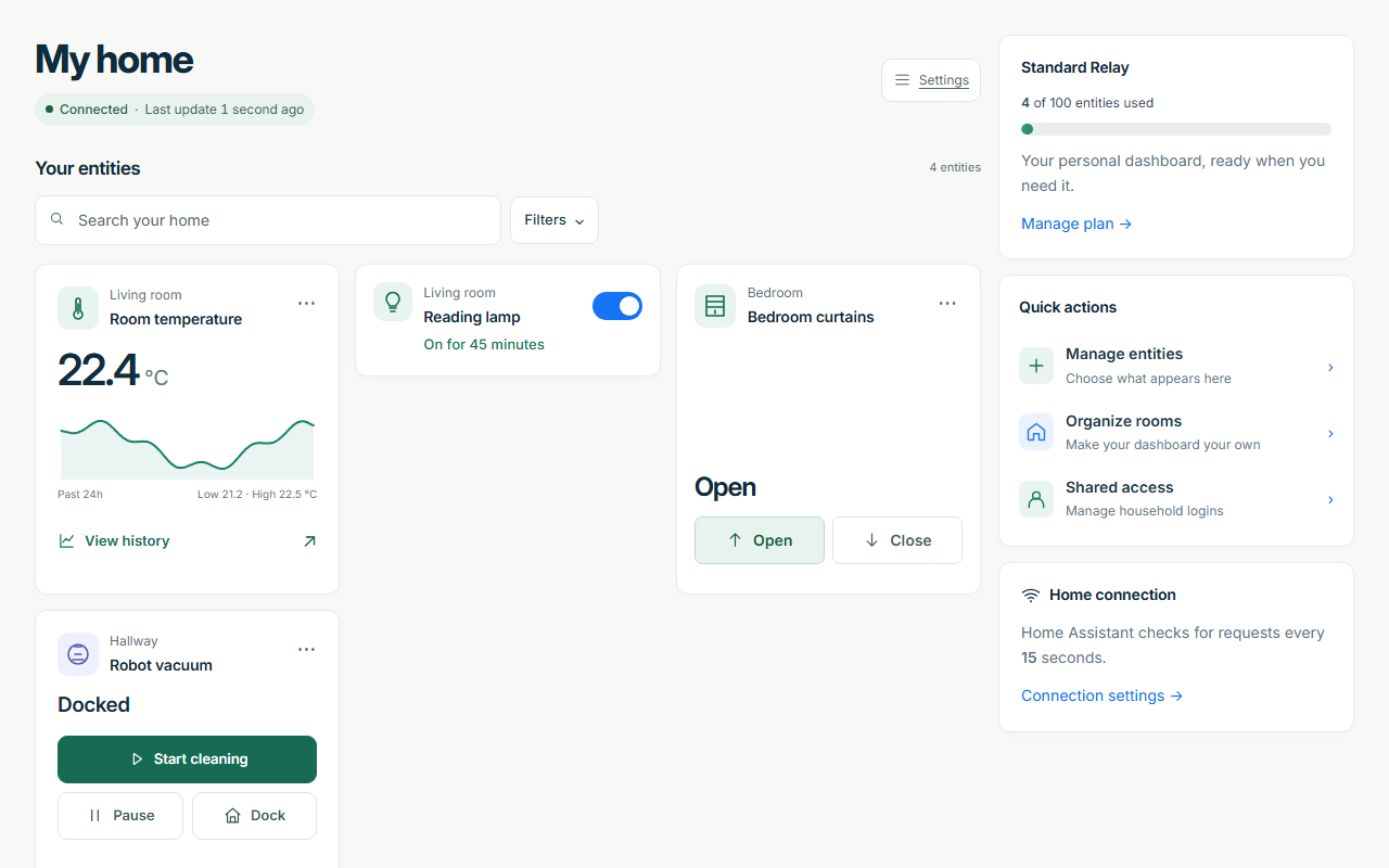 Temperature history and everyday controls on Relay. Real interface with sample data.