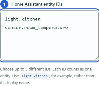 Relay setup: entity IDs entered one per line, with the field marked 1.